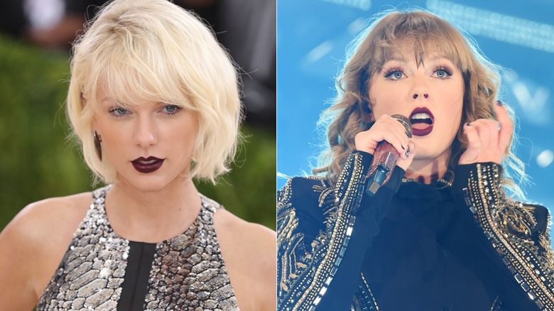 Side-by-side images of Taylor Swift with dark lipstick.