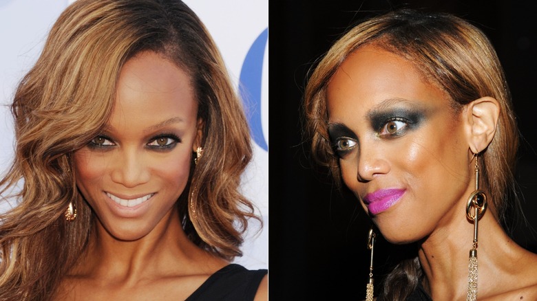 Side-by-side images of Tyra Banks with a really dark smoky eye