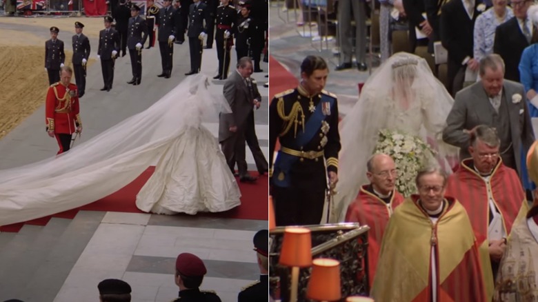 Princess Diana arriving at St Paul's Cathedral, and standing next to King Charles III and Earl Spencer