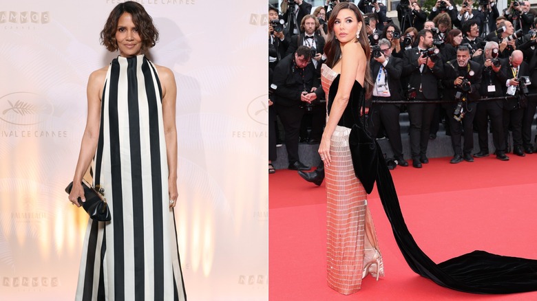 Halle Berry wearing a striped black-and-white gown at the 2025 Cannes Film Festival, and Eva Longoria wearing a metallic gown with a small black train