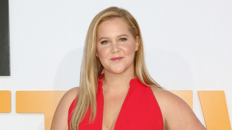 Amy Schumer smiles at a red carpet event wearing a red dress with plunging neckline.