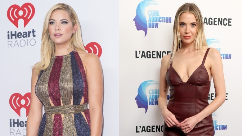 Ashley Benson posing in a red dress