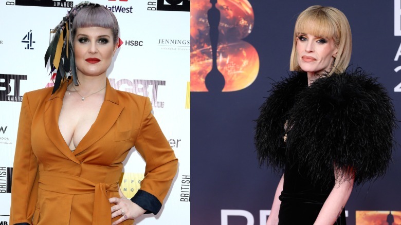 Kelly Osbourne posing in a grey dress