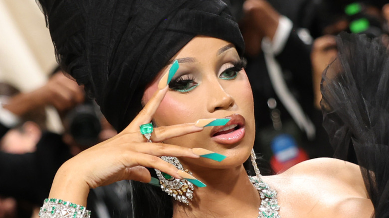 Closeup of Cardi B wearing large false lashes at the 2024 Met Gala.