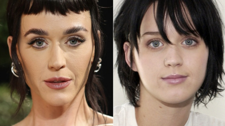Side-by-side of Katy Perry wearing dramatic false lashes and makeup-free.