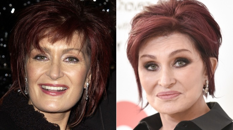Sharon Osbourne smiles during "Die Another Day" - Los Angeles Premiere at Shrine Auditorium in Los Angeles, California, in November 2002 (2002); Sharon Osbourne arrives at the Elton John AIDS Foundation's 30th Annual Academy Awards Viewing Party on March 27, 2022 in West Hollywood, California (2022)