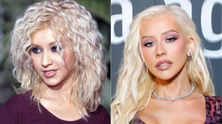 Christina Aguilera in 1999 and 2024 wearing colored eye shadow.