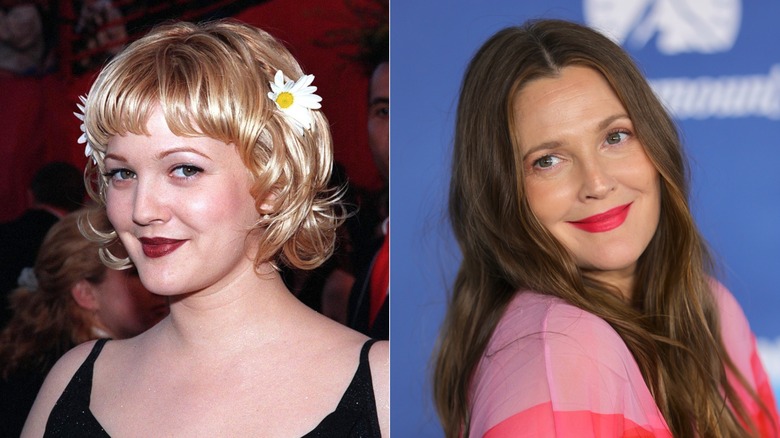 Drew Barrymore in 1998 and 2022 wearing a bold lip.