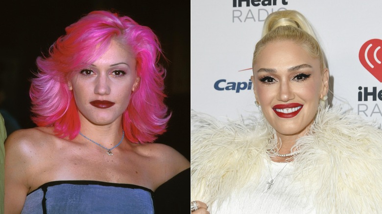 Gwen Stefani in 1999 and 2024 wearing a bold lip.
