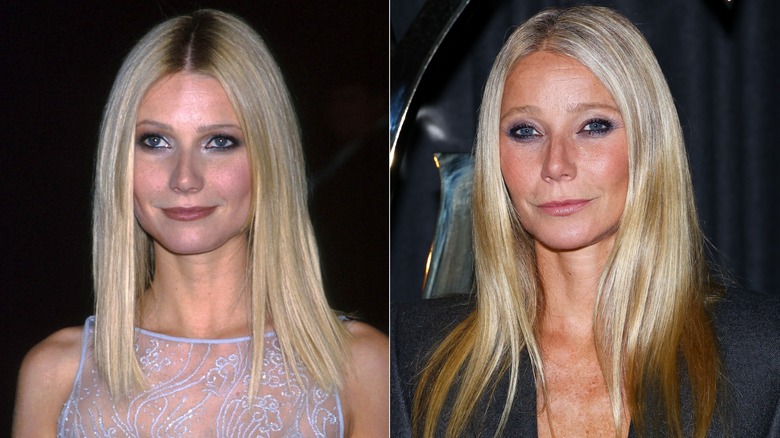 Gwyneth Paltrow in 1998 and 2024 wearing icy eyeshadow.
