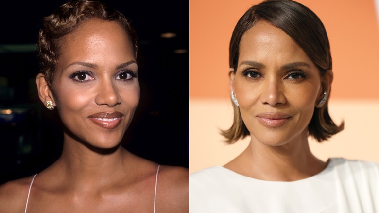 Halle Berry in 1999 and 2025 wearing brown makeup tones.