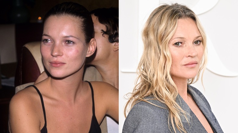 Kate Moss in 1997 and 2024 wearing minimal makeup.