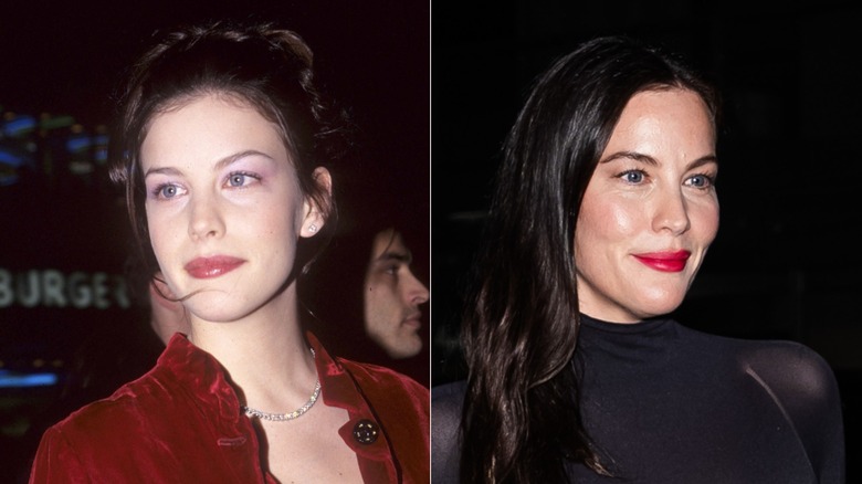 Liv Tyler in 1997 and 2024 wearing a bold lip.