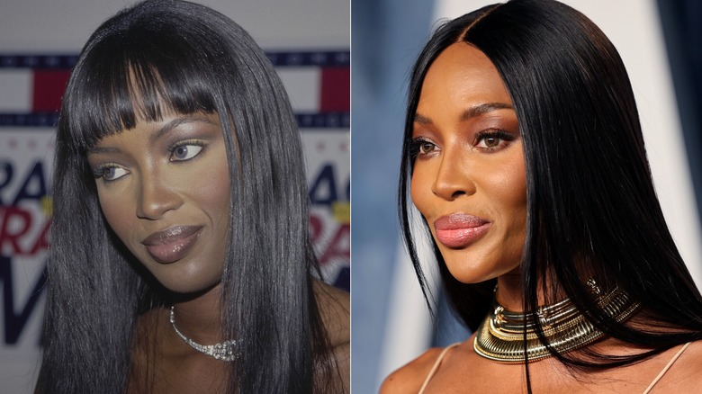 Naomi Campbell in 1997 and 2023 wearing smokey eyeshadow.
