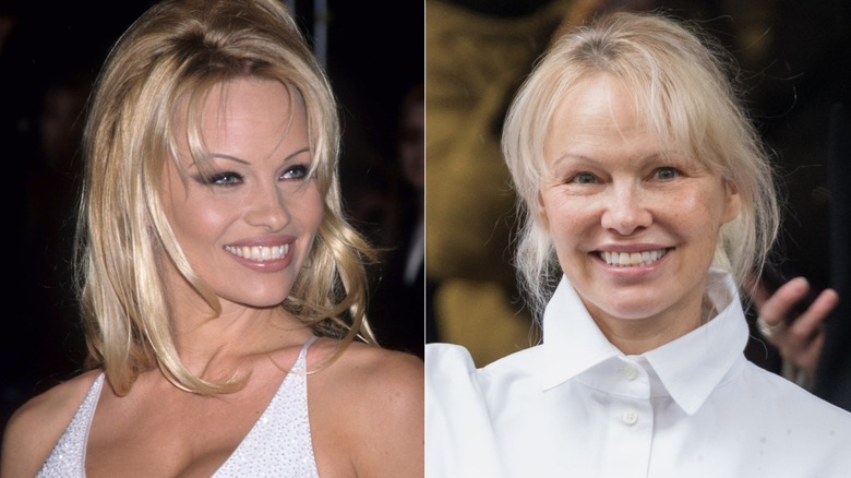 Pamela Anderson with makeup in 1999 and no makeup in 2025.