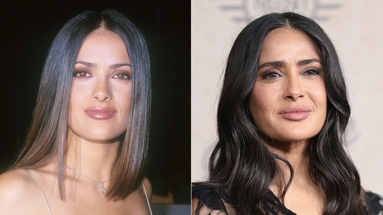 Salma Hayek in 1999 and 2025 wearing earthy makeup.