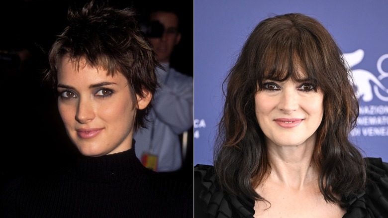 Winona Ryder in 1997 and 2024 wearing tightlined eyes.