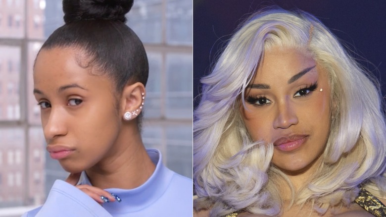 Side-by-side of Cardi B with and without makeup. Left: Cardi's brows are dark and have a very slight arch and a small tail. Right: Cardi's brows have a high slant upwards, and are filled in dark.