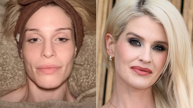 Side-by-side of Kelly Osbourne with and without her eyebrows done. On the left, she is bare-faced and her brows are thin. On the right, she is posing at an event with thick brown eyebrows and dark eyeshadow.