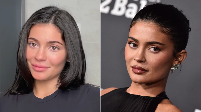 Side-by-side of Kylie Jenner with and without natural eyebrows. Left: Jenner's eyebrows are dark brown and full, with a slight arch. Right: Jenner's brows are filled in with a dark brown eyebrow pencil.
