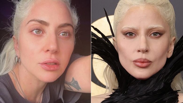 Side-by-side of Lady Gaga with her eyebrows done in different styles. On the left, she is wearing her natural brown eyebrows, which have a soft arch. On the right, she is sporting platinum blonde eyebrows that match her hair.