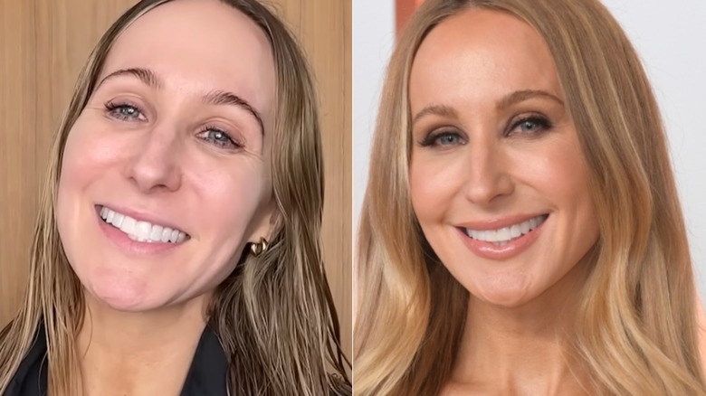 Side-by-side of Nikki Glaser with and without makeup. Left: Glaser bare-faced - her eyebrows are brown with a high arch. Right: Glaser's brows have a softer arch, and are filled in light brown.