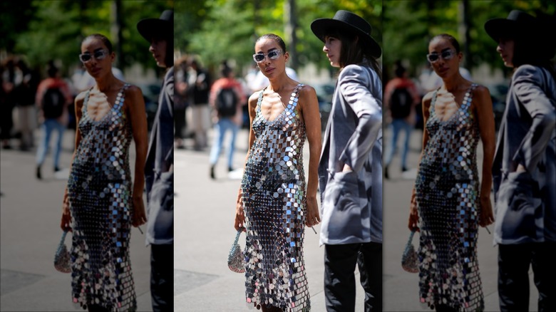 woman in open chainlink dress