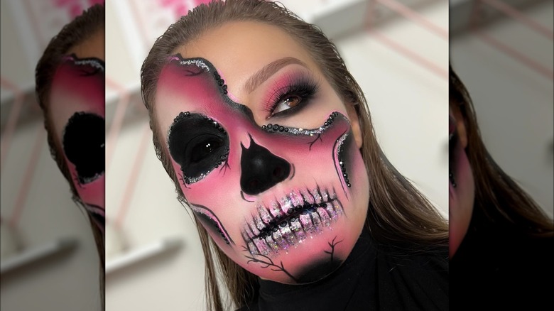 Girl with pink peeling skin makeup.