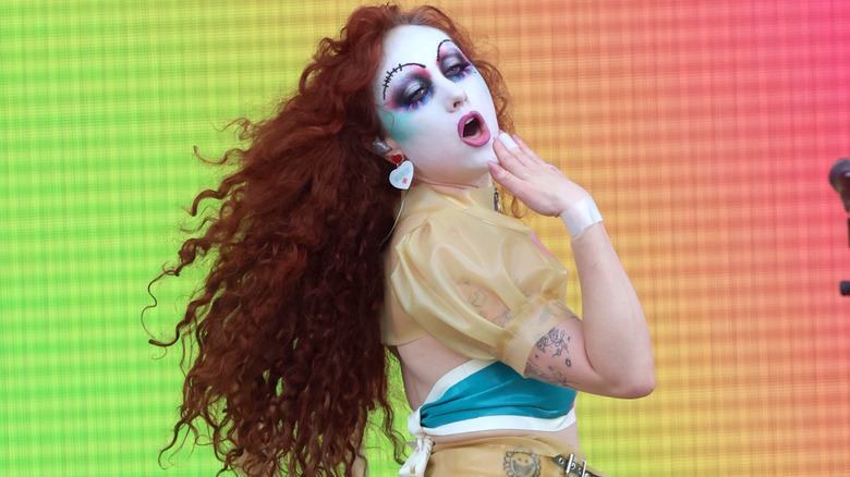 Chapell Roan wearing a sheer yellow top