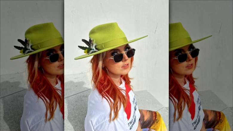 Woman wearing chartreuse hat