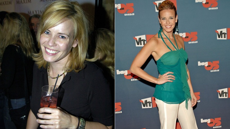 Chelsea Handler posing in a black top in 2004 and a green top in 2005