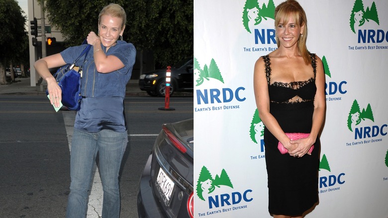 Chelsea Handler wearing double denim in 2008 and a black dress in 2009
