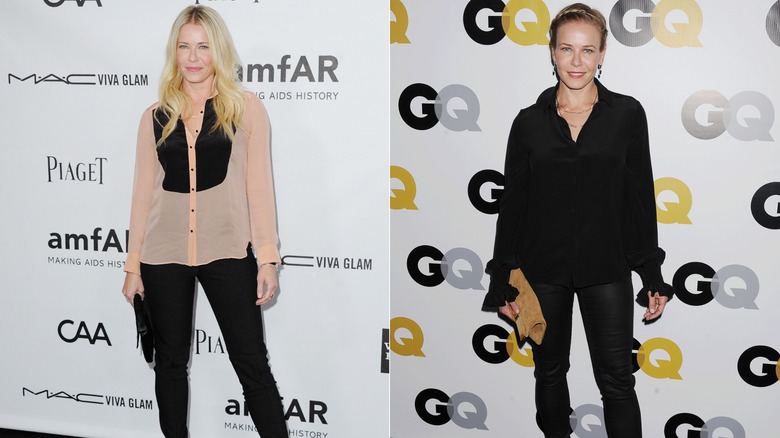 Chelsea Handler wearing black at red carpet events in 2012 and 2013.