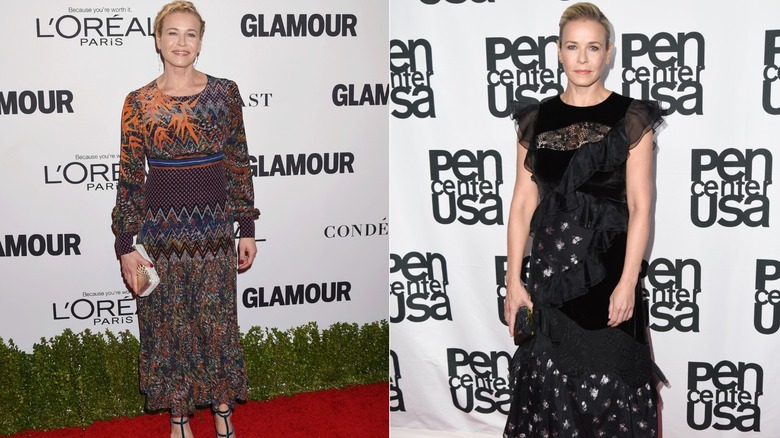 Chelsea Handler wearing a multicolored dress in 2016 and a black dress in 2017