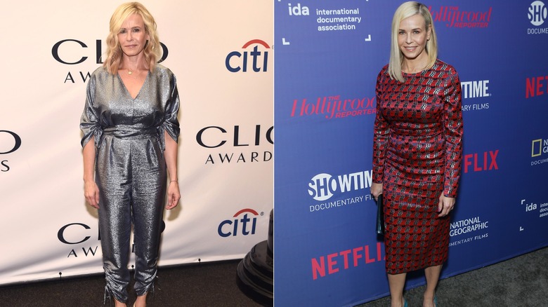 Chelsea Handler wearing a silver jumpsuit in 2018 and a red metallic dress in 2019