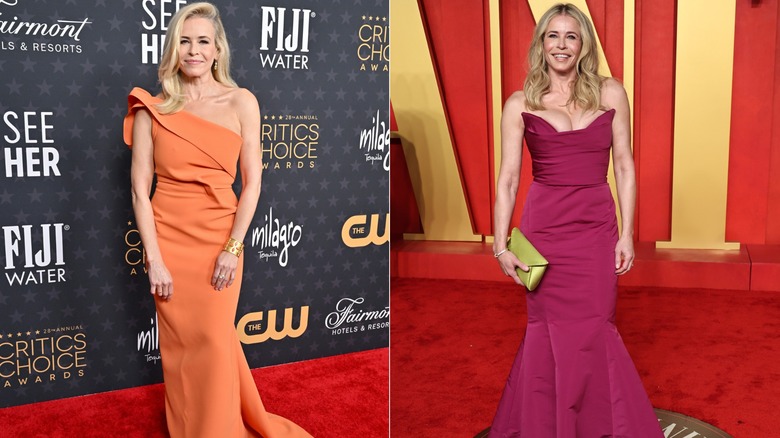 Chelsea Handler wearing an orange dress in 2022 and a purple dress in 2023