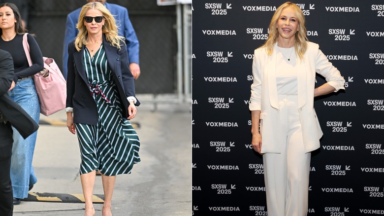 Chelsea Handler wearing a blue-and-white-striped dress and a white suit