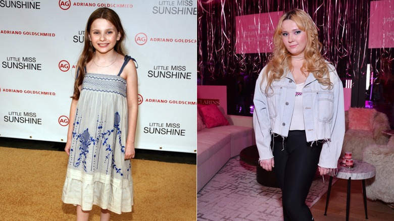 Abigail Breslin wearing a blue dress in 2006 and a denim jacket with a white shirt in 2024.