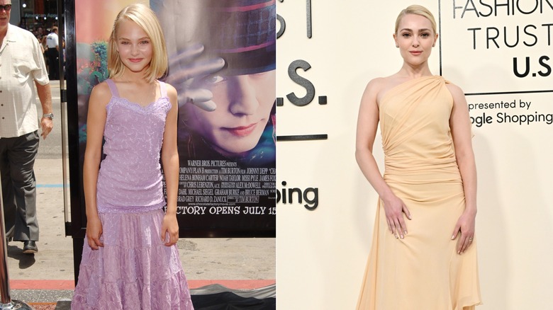 AnnaSophia Robb wearing a purple dress in 2005 and and a butter-yellow dress in 2025.