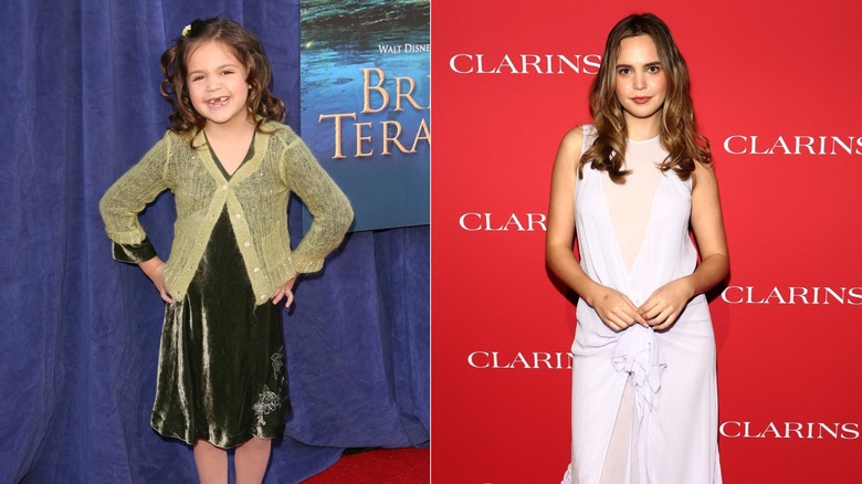 Bailee Madison wearing a green outfit in 2007 and a beautiful white dress in 2025.
