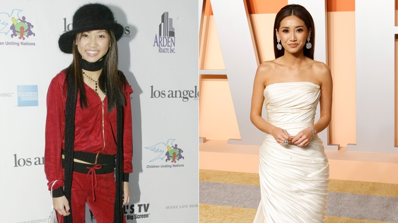 Brenda Song wearing a red-and-black outfit in 2002 and a stunning white gown in 2025.