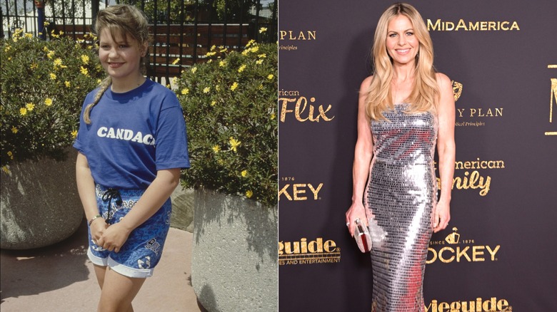 Candace Cameron Bure wearing a T-shirt with her name scribed on it in 1989 and a metallic gown in 2025.