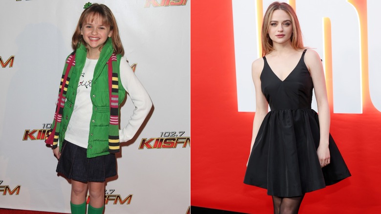 Joey King wearing a white shirt with a green vest in 2010 and a cute little black dress in 2025.