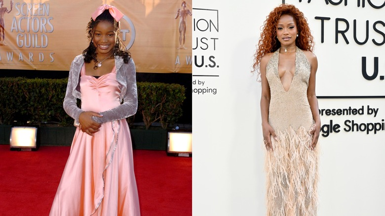 Keke Palmer wearing a pink dress in 2005 and a muted gold dress in 2025.