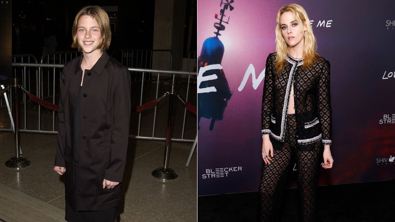 Kristen Stewart wearing an androgynous black outfit in 2002 and a grungy, gorgeous black matching set in 2025.