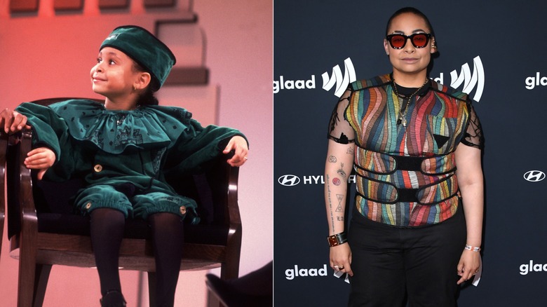 Raven-Symoné wearing an adorable green outfit and hat in 1990 and a cool multi-colored outfit in 2025.