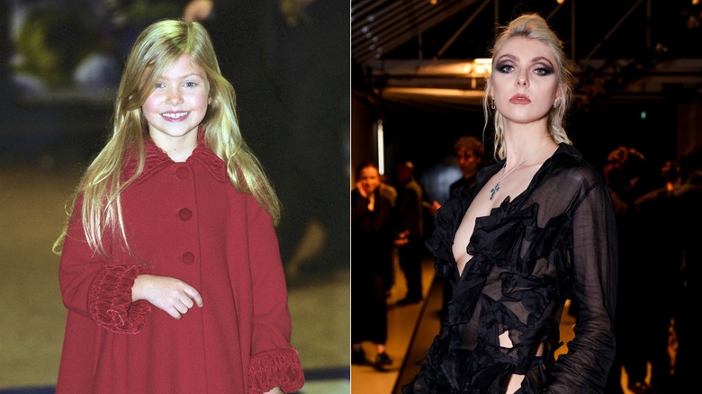 Taylor Momsen wearing a red outfit in 2000 and and a black, vampy look in 2025.