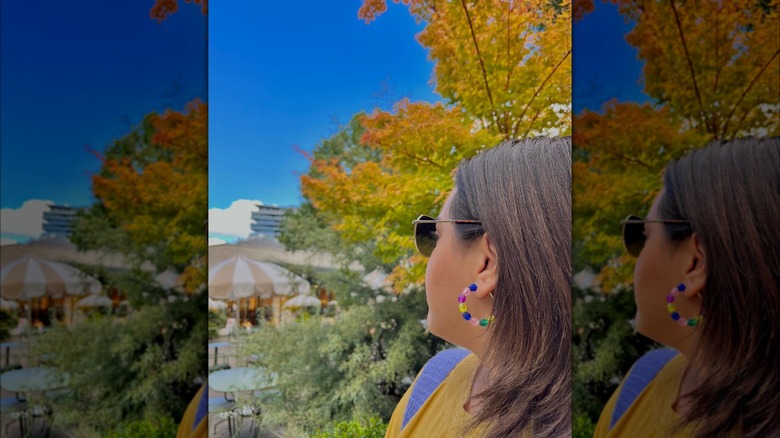 Girl wearing beaded hoops.