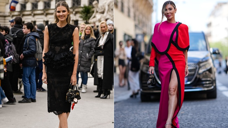A woman wearing an all-black dress vs a woman wearing a color-blocked pink and red dress