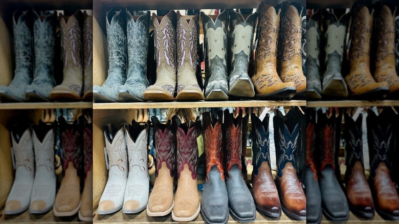 A variety of cowboy boots on a shelf.